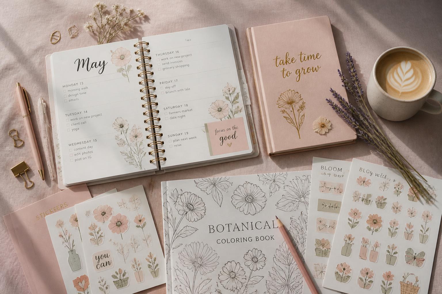 Beautiful pastel flat-lay of planners, stickers, and journals designed with Ophelia.AI